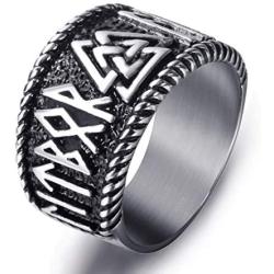 Elfasio Mens Stainless Steel Ring Viking Valknut Scandinavn Odin Symbol Norse Text Vintage Jewelry