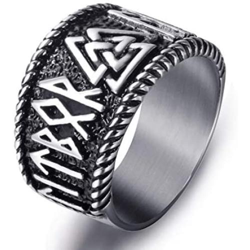 Elfasio Mens Stainless Steel Ring Viking Valknut Scandinavn Odin Symbol Norse Text Vintage Jewelry