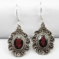 SilverStarJewel Sterling Silver Women Handmade Jewelry Red Garnet Earrings 1.3''
