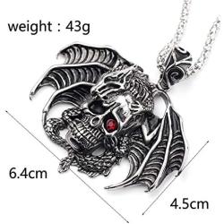 Dragon Necklace for Men, Gothic Flying Dragon Wings Skull Necklace, Red Eye Skull Pendant Necklace with 23.6” Chain, Crystal Skull Head Necklace, Punk Hip Hop Necklace Jewelry Gift for Men Boys