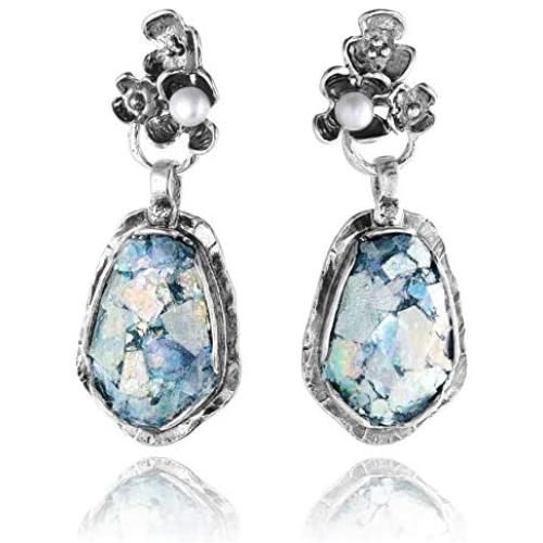 PZ Paz Creations 925 Sterling Silver Iridescent Roman Glass and Pearl Dangle Earrings