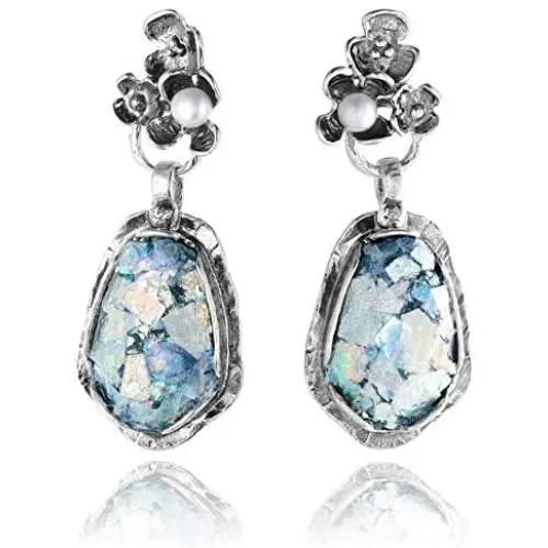 PZ Paz Creations 925 Sterling Silver Iridescent Roman Glass and Pearl Dangle Earrings PZ Paz Creations 925 Sterling Silver Iridescent Roman Glass and Pearl Dangle Earrings
