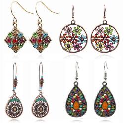 YUNXI 4 Pairs Bohemian Vintage Dangle Earrings Retro Rhinestone Earrings Boho Dangle Drop Earrings for Women Girls Jewelry Accessories Set