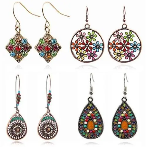 YUNXI 4 Pairs Bohemian Vintage Dangle Earrings Retro Rhinestone Earrings Boho Dangle Drop Earrings for Women Girls Jewelry Accessories Set YUNXI 4 Pairs Bohemian Vintage Dangle Earrings Retro Rhinestone Earrings Boho Dangle Drop Earrings for Women Girls Jewelry Accessories Set