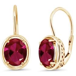 Gem Stone King 4.00 Ct Oval Red Created Ruby 18K Yellow Gold Plated Silver Dangle Earrings