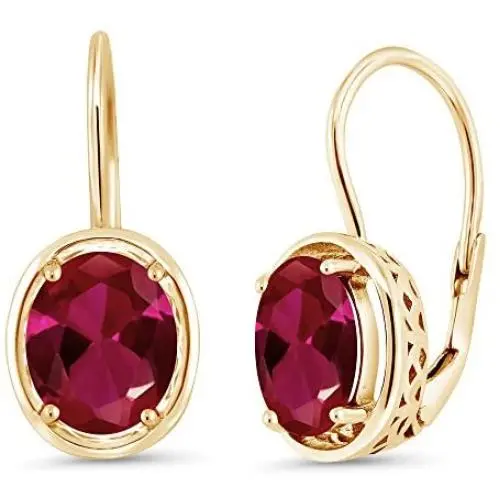 Gem Stone King 4.00 Ct Oval Red Created Ruby 18K Yellow Gold Plated Silver Dangle Earrings