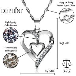 DEPHINI - Heart Necklace - 925 Sterling Silver - Double Love Heart Pendant with CZ Crystals - Fine Jewellery Woman Necklace - 18'' Rhodium Plated Silver Chain - Cubic Zirconia - Gifts for Women