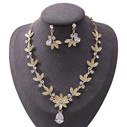 Brinote Bride Crystal Wedding Pendant Necklace Earrings Set Leaf Bridal Rhinestone Choker Necklaces Wedding Jewelry Sets for Women and Girls (Gold)