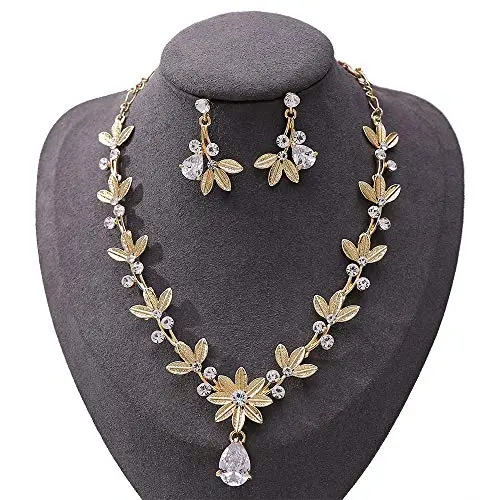 Brinote Bride Crystal Wedding Pendant Necklace Earrings Set Leaf Bridal Rhinestone Choker Necklaces Wedding Jewelry Sets for Women and Girls (Gold) Brinote Bride Crystal Wedding Pendant Necklace Earrings Set Leaf Bridal Rhinestone Choker Necklaces Wedding Jewelry Sets for Women and Girls (Gold)