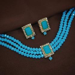 I Jewels 18K Gold Plated Indian Wedding Handcrafted Beaded Emerald Choker with Earrings for Women/Girls