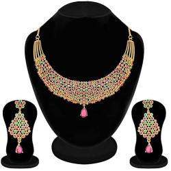 Aheli Gold Color Avalika Necklace with Dangle Earrings Jewelry Set Embellished with Red Green Color Cubic Zirconia Stones Wedding Party Ethnic Fashion Wear for Women