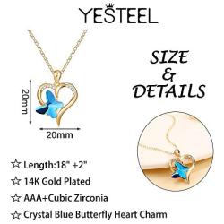 Heart Butterfly Necklaces for Women, Crystal Blue Butterfly Pendant Necklace Butterfly Jewelry Gifts, Dainty 14K Gold/Silver/Rose Gold Plated Heart Butterfly Charm Necklaces for Women
