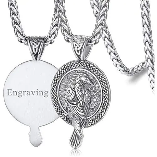 FaithHeart Norse Viking Raven Necklace for Men Women Vintage Celtic Crow Raven Jewelry- Can Engrave