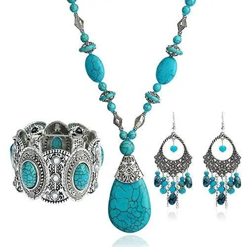Turquoise 3pcs Set - a Turquoise Necklace a pair of turquoise pendant tassel earrings, a stretchable turquoise braceleta Gift for Ladies Turquoise 3pcs Set - a Turquoise Necklace a pair of turquoise pendant tassel earrings, a stretchable turquoise braceleta Gift for Ladies