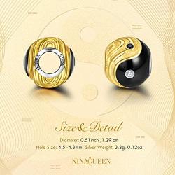 NINAQUEEN Tai Chi Valentines Day Charms Gifts 925 Sterling Silver Gold Plated Black Enamel Bead Charms with 5A Cubic Zirconia Chinese Elements Charms for Bracelets Necklaces