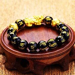 Feng Shui The Best 12mm Black Hand Carved Mantra Bead Bracelet with Golden Pi Xiu/Pi Yao Lucky Wealthy Amulet Brecelet