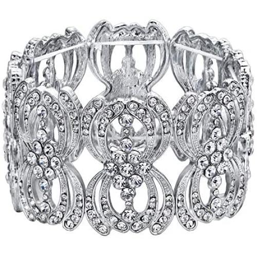 BriLove Womens Wedding Bridal Crystal Art Deco Leaf Tennis Stretch Bracelet