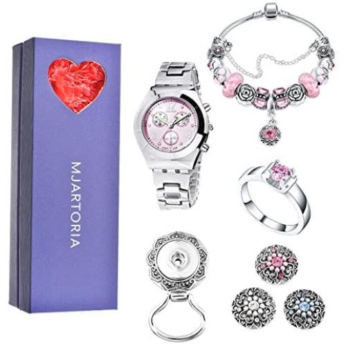 MJartoria Gifts for Her Jewelry Set, Rhinestone Wristwatch, Charm Bracelet, Magnetic Brooch Pins Holdder, Rhinestone Ring Mothers Day for Wife,Mom,Daughter