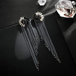 Long Tassel Chandelier Earrings - Rhinestone Floral Earrings with Sleek Fringe - Great Idea for Prom, Party