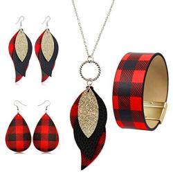 INENIMARTJ 3 Pieces Christmas Plaid Leather Earrings Bracelet Set, Handmade Lightweight Christmas Buffalo Plaid Bracelet for Women & Girls