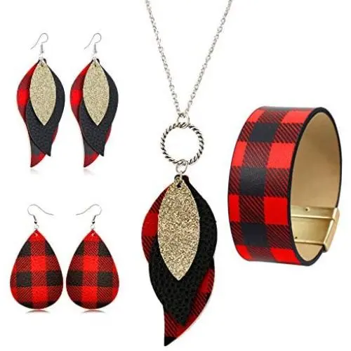 INENIMARTJ 3 Pieces Christmas Plaid Leather Earrings Bracelet Set, Handmade Lightweight Christmas Buffalo Plaid Bracelet for Women & Girls