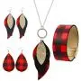 INENIMARTJ 3 Pieces Christmas Plaid Leather Earrings Bracelet Set, Handmade Lightweight Christmas Buffalo Plaid Bracelet for Women & Girls
