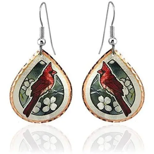Red Cardinal Bird Earrings for Women, Girls Drop Dangle,Teardrop Earrings, Handmade Copper Jewelry