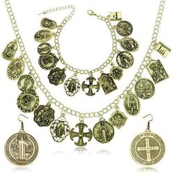 RechicGu 3Pcs Religious Christian Saint Cross Medal Charm Necklace Earrings Bangle Bracelet Sets Traditional Catholic Lucky Chain Jewelry Gifts