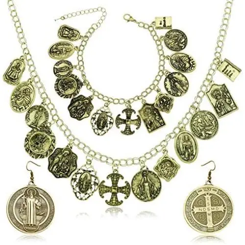 RechicGu 3Pcs Religious Christian Saint Cross Medal Charm Necklace Earrings Bangle Bracelet Sets Traditional Catholic Lucky Chain Jewelry Gifts