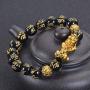 Feng Shui The Best 10mm Black Hand Carved Mantra Bead Bracelet with Golden Pi Xiu/Pi Yao Lucky Wealthy Amulet Brecelet