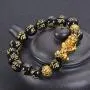 Feng Shui The Best 10mm Black Hand Carved Mantra Bead Bracelet with Golden Pi Xiu/Pi Yao Lucky Wealthy Amulet Brecelet