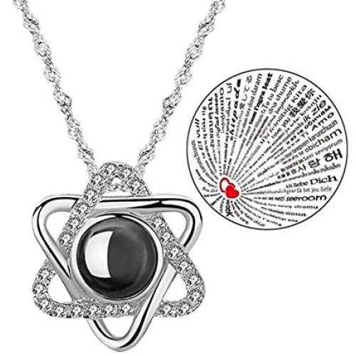 Inf-way I Love You Necklace, 925 Sterling Silver 100 Languages Projection on Round Onyx Pendant Loving Memory Collarbone Necklace 1 Pcs