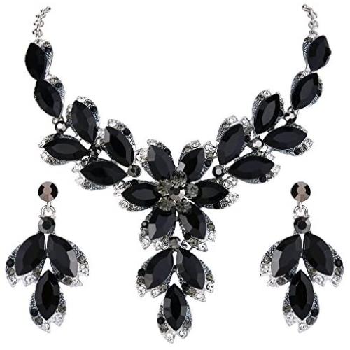 BriLove Womens Wedding Bridal Crystal Marquise Leaf Petal Flower Statement Necklace Dangle Earrings Set