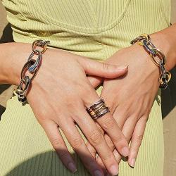 CIUNOFOR CZ Bracelet for Women Girls Wide Cuban Curb Link Bracelet Italian Style Oval Bracelet Silver Rose Gold Plated Adjustable Stainless Steel Chain with Round Disc Charm