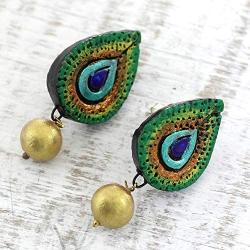 NOVICA .925 Sterling Silver Ceramic Dangle Earrings, Peacock Drops