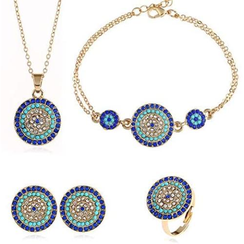 Lucky Round Evil Eye Jewelry Set, AILUOR Gold Inspirational Turkish Hamsa Blue Cubic Zirconia Crystal Evil Eye Charm Pendant Necklace,Ring,Bracelet and Stud Earrings Sets for Girl Women