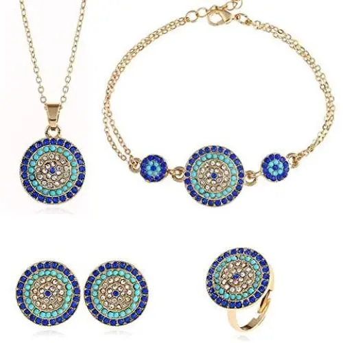 Lucky Round Evil Eye Jewelry Set, AILUOR Gold Inspirational Turkish Hamsa Blue Cubic Zirconia Crystal Evil Eye Charm Pendant Necklace,Ring,Bracelet and Stud Earrings Sets for Girl Women