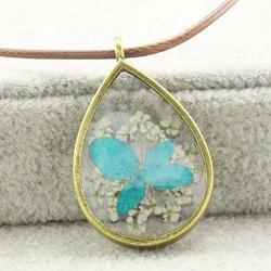 FM FM42 Pressed Dried Flowers Teardrop Shape Pendant Necklace FN4005