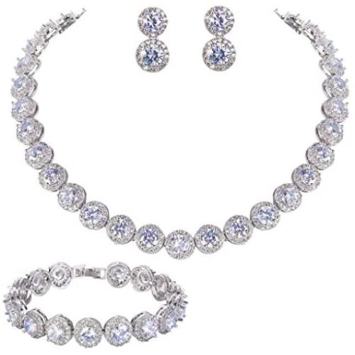 EVER FAITH Silver-Tone Round Cut Cubic Zirconia Tennis Necklace Bracelet Earrings Set