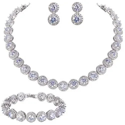 EVER FAITH Silver-Tone Round Cut Cubic Zirconia Tennis Necklace Bracelet Earrings Set EVER FAITH Silver-Tone Round Cut Cubic Zirconia Tennis Necklace Bracelet Earrings Set