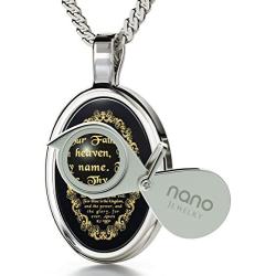 Nano Jewelry Christian Cross Necklace Inscribed with The Lords Prayer in 24k Gold on Oval Black Onyx Stone, 18'' -