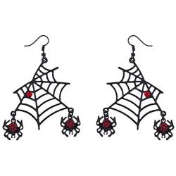 Lux Accessories Halloween Black Spider Web Dangling Red Rhinestone Earrings