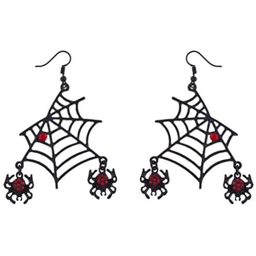 Lux Accessories Halloween Black Spider Web Dangling Red Rhinestone Earrings