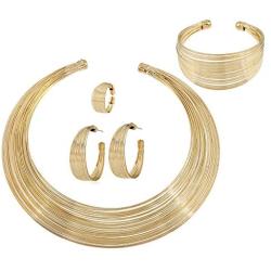 Womens Fashion African Jewelry Sets Gold Silver Plated Alloy Multi-Layer Chain Choker Necklace Hoop Earrings Cuff Bangle Bracelet Ring Set