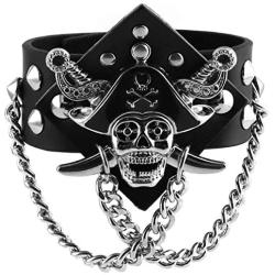 HZMAN Gothic Black Leather Pirate Bracelet Cross Skull Bangle Metal Spike Studded Link Cuff