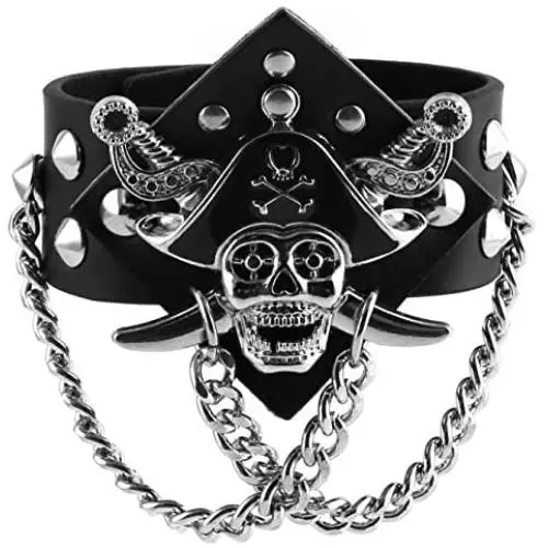 HZMAN Gothic Black Leather Pirate Bracelet Cross Skull Bangle Metal Spike Studded Link Cuff