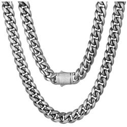 Luxfine 12mm Miami Cuban Link Chain 14K REAL Gold Plated Hypoallergenic Hip Hop Jewelry Premium Stainless Steel Necklace For Men Women (No Color Fade, Double-sided Iced Out Clasp)