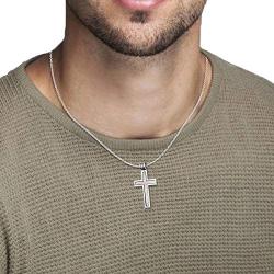 Stainless Steel Hinged Cross-within-a-Cross 1-3/4'' Mens Matte & Polished Finish Pendant Necklace with 24'' Curb Chain