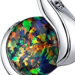 Created Black Opal Pendant Necklace Sterling Silver Round Cabochon 1.75 Carats