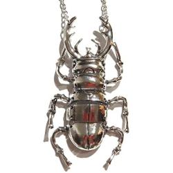 Regal Rock Jointed Stag Beetle Silvertone Chunky Pendant Chain Necklace Insect Bug Scarab Punk Wiccan